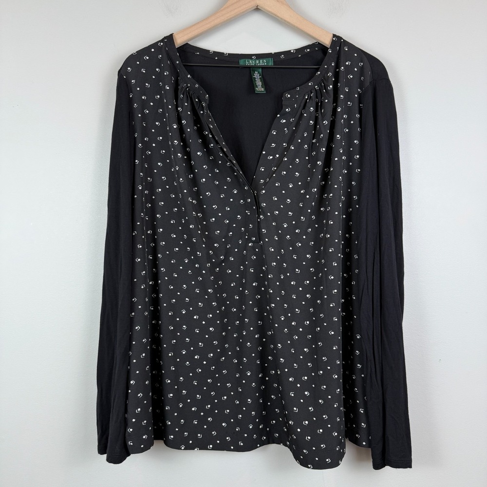 Lauren Ralph Lauren Top Womens 3X Plus Black White Geometric Long Sleeve Comfort